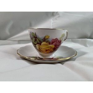 Royal‎ Kent Bone China Pink Yellow Roses Teacup and Saucer Staffordshire 8263